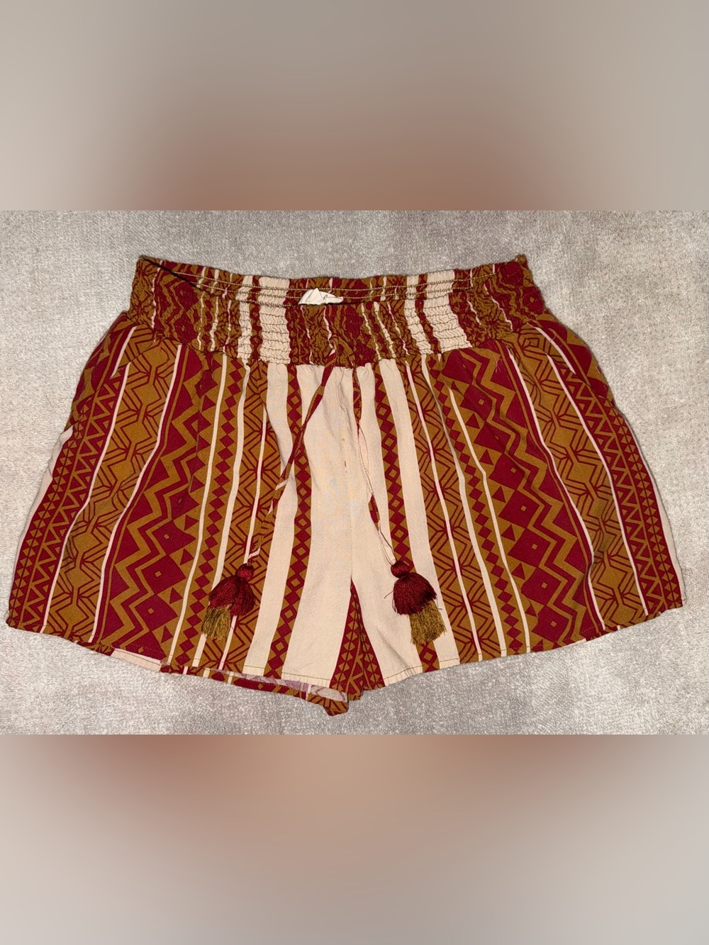 Boho Tassel Drawstring Shorts in Burgundy & Tan